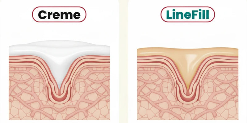 Querschnitt der Haut: Creme liegt obenauf, LineFill füllt die Falte