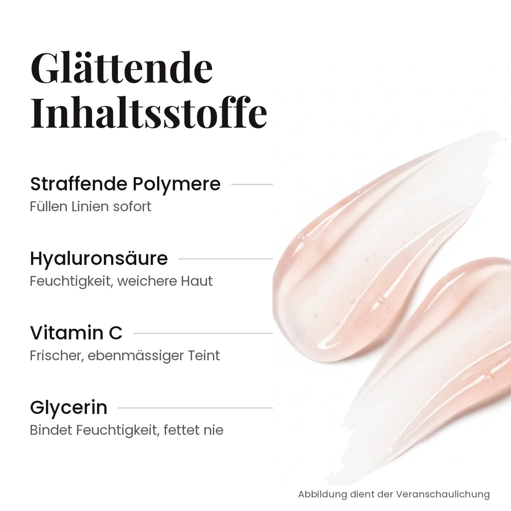 Glättende Inhaltsstoffe: Polymere, Hyaluronsäure, Vitamin C, Glycerin